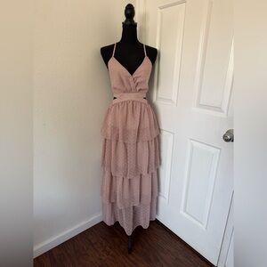 NWT Backless V Neck Pink Tiered Maxi Dress